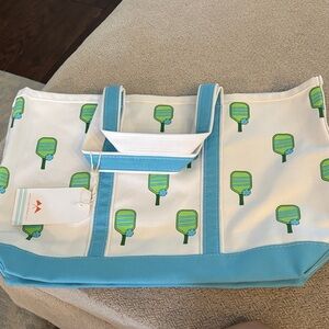 Crab and Cleek Blue and White Tote Bag with Green Paddle Print